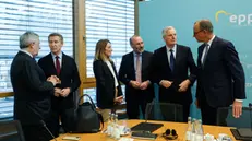 (L-R) Italy's Minister for Foreign Affairs Antonio Tajani, Alberto Nunez Feijoo, President of the European Parliament Roberta Metsola, President of the European People's Party (EPP) Manfred Weber, Michael Barnier and Chairman of Germany's Christian Democratic Union (CDU) Friedrich Merz at Konrad-Adenauer-Haus during a Meeting EPP, in Berlin, Germany, 17 January 2025. ANSA/GIUSEPPE LAMI