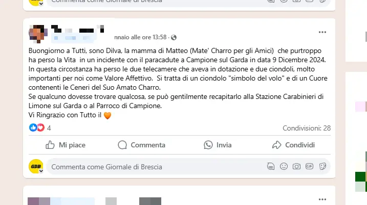 Il post comparso su Facebook