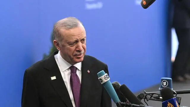 epa11707001 Turkish President Recep Tayyip Erdogan talks to the press upon arrival to the 5th summit of the European Political Community (EPC) in Puskas Arena in Budapest, Hungary, 07 November 2024. EPA/SZILARD KOSZTICSAK HUNGARY OUT