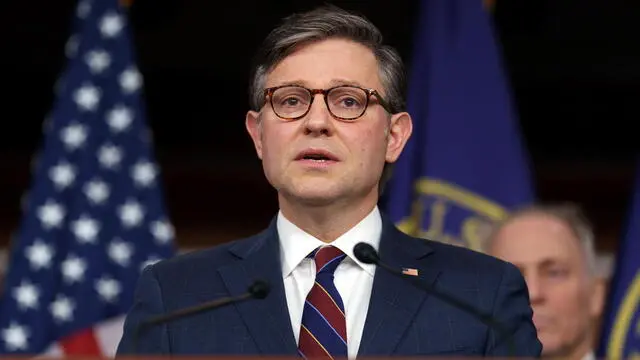 epa11824296 US House Speaker Mike Johnson speaks to the media at the US Capitol in Washington, DC, USA, 14 January 2025. Speaker Johnson stated the House of Representatives will work on relief for the wildfires in California. EPA/WILL OLIVER