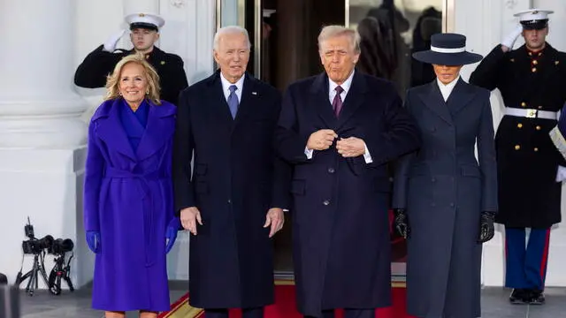 epa11838482 US President Joe Biden (2-L) and First Lady Jill Biden (L) welcome President-elect Donald Trump (2-R) and his wife Melania Trump (R) to the North Portico of the White House on the morning of Trump's inauguration in Washington, DC, USA, 20 January 2025. Trump is being sworn in on 20 January 2025, though the planned outdoor ceremonies and events have been canceled due to extreme cold temperatures. EPA/JIM LO SCALZO / POOL