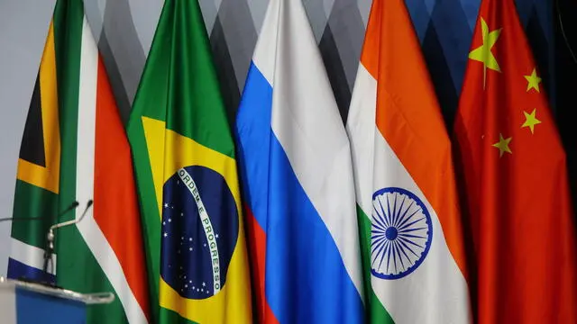 epa10813833 The flags of South Africa, Brazil, Russia, India and China are displayed during the 15th BRICS Summit in Johannesburg, South Africa, 22 August 2023. South Africa is hosting the 15th BRICS Summit, (Brazil, Russia, India, China and South Africa), as the groupâ€™s economies account for a quarter of global gross domestic product. Dozens of leaders of other countries in Africa, Asia and the Middle East are also attending the summit. EPA/KIM LUDBROOK