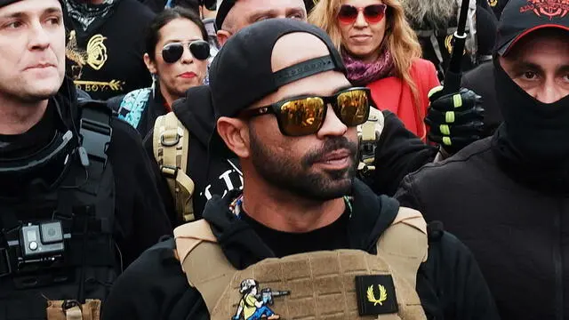 epa08920159 (FILE) - Far-right group the Proud Boys leader Enrique Tarrio during a march into Freedom Plaza, in Washington, DC, USA, 12 December 2020 (reissued 05 January 2021). Tarrio was arrested for allegedly burning a Black Lives Matter flag in December, reports said. EPA/GAMAL DIAB