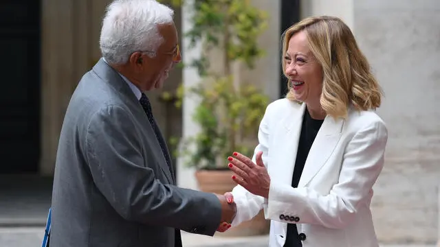 Italian Prime Minister Giorgia Meloni (R) welcomes President of the European Council Antonio Luis Santos da Costa at the Chigi palace in Rome, Italy, 22 July 2024. ANSA/ETTORE FERRARI