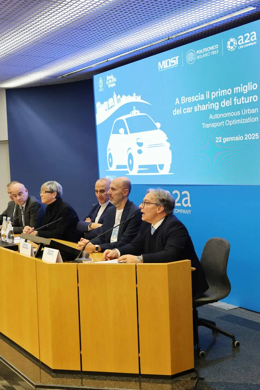 conferenza stampa presentazione dell’automobile a guida autonoma, car sharing di Brescia , 22 gennaio 2025. Ansa Filippo Venezia