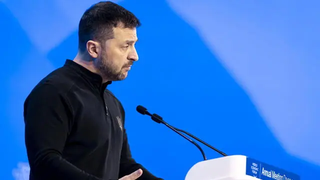 epa11842099 Ukrainian President Volodymyr Zelensky speaks at a plenary session during the 55th annual World Economic Forum (WEF) meeting in Davos, Switzerland, 21 January 2025. The World Economic Forum's annual meeting gathers entrepreneurs, scientists, and corporate and political leaders in Davos from January 20 to 24. EPA/MICHAEL BUHOLZER