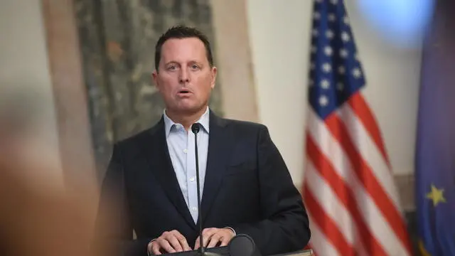 epa10938155 A handout photo made available by the Serbian Presidency shows Richard Grenell talking after receiving the Order of the Serbian Flag medal in Belgrade, 25 October 2023. Grenell is an American political operative, diplomat, TV personality, and public relations consultant who served as Acting Director of National Intelligence in President Trump's cabinet, as the United States Ambassador to Germany and as the Special Presidential Envoy for Serbia and Kosovo Peace Negotiations. EPA/DIMITRIJE GOLL / SERBIAN PRESIDENCY / HANDOUT HANDOUT HANDOUT EDITORIAL USE ONLY/NO SALES HANDOUT EDITORIAL USE ONLY/NO SALES