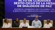 epa11131855 Pablo Beltran (R), Colombian chief negotiator of the National Liberation Army (ELN); Vera Grabe (L), head of the negotiation team of the Government of Colombia, and Bruno Rodriguez (C), Minister of Foreign Affairs of Cuba, participate in a session of the sixth cycle of negotiations with ELN, in Havana, Cuba, 06 February 2024. The Colombian government and the ELN announced an agreement to create a 'multi-donor fund for the peace process'. EPA/Ernesto Mastrascusa