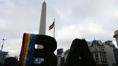 epa05396750 View of the rainbow flag that was hung near the Obelisk of Buenos Aires, Argentina, on 28 June 2016, to commemorate the Gay Pride Week. EPA/Nerea González