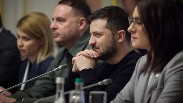 epa10445782 A handout photo made available by the Ukrainian Presidential Press Service shows Ukraine's President Volodymyr Zelensky (2-R), flanked by head of the Office of the President of Ukraine â€‹Andriy Yermak (3-R) and Ukrainian Economy Minister Yulia Svyrydenko (R), attending a meeting with European Commission President Von der Leyen and European Council President Michel during an EU-Ukraine summit in Kyiv (Kiev), Ukraine, 03 February 2023. The presidents of the European Council and European Commission, accompanied by 15 Commissioners, are visiting Kyiv to meet with Ukrainian top officials and take part in the EU-Ukraine summit, the first summit since the European Council granted Ukraine the status of EU candidate amid Russia's invasion. Ukraine applied for EU membership in February 2022 and was granted EU candidate status in June 2022. EPA/UKRAINIAN PRESIDENTIAL PRESS SERVICE HANDOUT -- MANDATORY CREDIT: UKRAINIAN PRESIDENTIAL PRESS SERVICE -- HANDOUT EDITORIAL USE ONLY/NO SALES