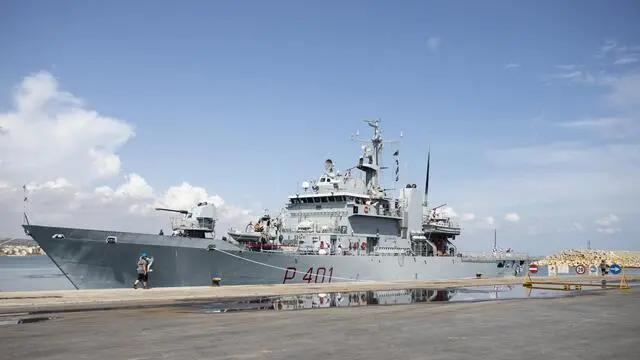 The Italian Navy's Cassiopea ship, with 29 migrants on board, in the port of Pozzallo, in a different area than the Eleonore, the Mission Lifeline ship landed in the same city, 02 September 2019. Landing operations will begin shortly. FRANCESCO RUTA/ANSA