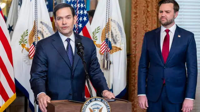 epa11842293 US Secretary of State Marco Rubio (L) delivers remarks after being sworn in by Vice President JD Vance (R) in the Vice President's ceremonial office in Washington, DC, USA, 21 January 2025. The Senate unanimously confirmed Rubio as America's 72nd Secretary of State with a bipartisan vote of 99-0. EPA/SHAWN THEW / POOL