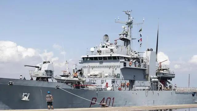 The Italian Navy's Cassiopea ship, with 29 migrants on board, in the port of Pozzallo, in a different area than the Eleonore, the Mission Lifeline ship landed in the same city, 02 September 2019. Landing operations will begin shortly. FRANCESCO RUTA/ANSA