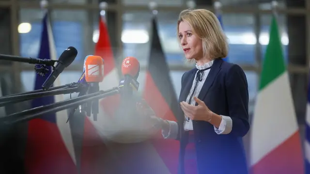 epa11855886 European High Representative for Foreign and Security Policy Kaja Kallas speaks to the media as she attends Foreign Affairs Council at the EU headquarters in Brussels, Belgium, 27 January 2025. EU foreign ministers will discuss Russia's aggression against Ukraine, and over lunch the Council will exchange views on EU-US relations and the latest developments in the Middle East, including Syria. EPA/OLIVIER HOSLET