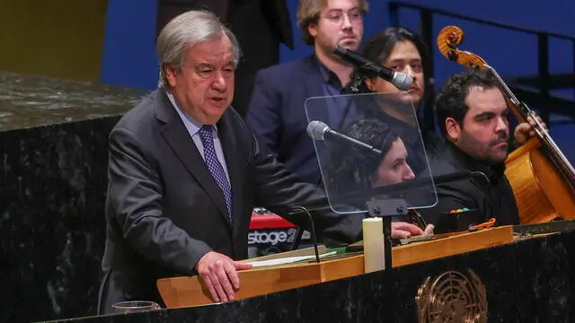 epa11856861 United Nations Secretary-General Antonio Guterres speaks during a ceremony for Holocaust Remembrance for Dignity and Human Rights at the United Nations Headquarters in New York, New York, USA, 27 January 2025.Â EPA/SARAH YENESEL