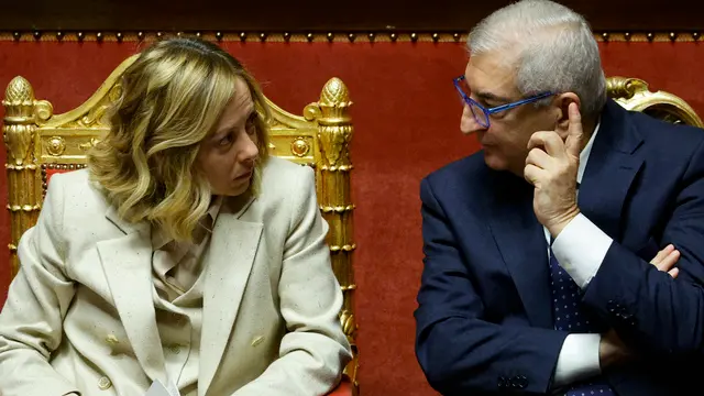 Italian Prime Minister Giorgia Meloni and Italian Minister for European Affairs, Territorial Cohesion and PNRR Tommaso Foti during report on the upcoming European Council to the Senate Rome, Italy, 18 December 2024. EU leaders will attend a European Council meeting in Brussels on 19 December. ANSA/FABIO FRUSTACI