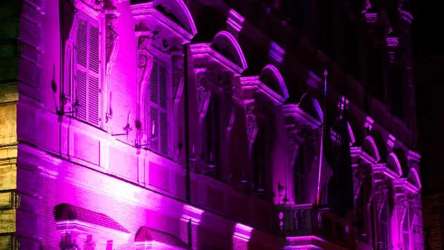 The facade of Palazzo Madama of the Senate of the Republic illuminated in pink for the day against breast cancer, in Rome, Italy, 19 October 2024. ANSA/ANGELO CARCONI