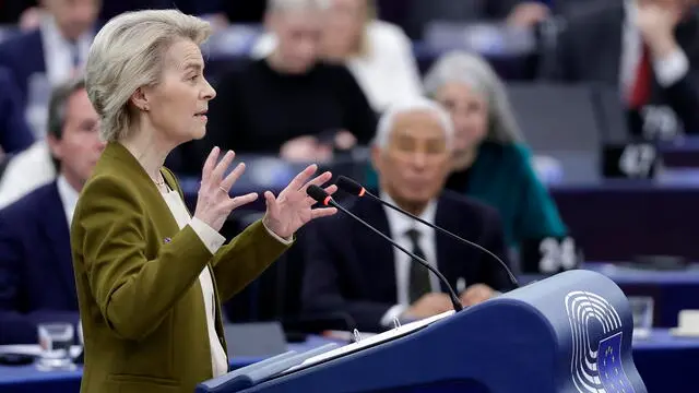 epa11843908 President of the European Commission Ursula von der Leyen speaks during a debate on 'Conclusions of the European Council meeting of 19 December 2024' at the European Parliament in Strasbourg, France, 22 January 2025. The EU Parliament's session runs from 20 till 23 January 2025. EPA/RONALD WITTEK