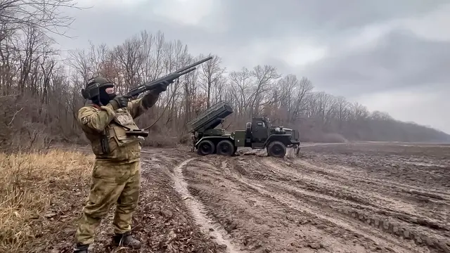 epa11828955 A still image taken from a handout video made available by the Russian Defence Ministry Press-Service on 16 January 2025 shows Russian serviceman as the BM-21 'Grad' jet rocket systems prepares for launch in border areas of the Kursk region, Russia. Fighting between Russian and Ukrainian forces has been ongoing in the Kursk region since 06 August 2024 following a Ukrainian military incursion into the Russian border region. EPA/RUSSIAN DEFENCE MINISTRY HANDOUT HANDOUT EDITORIAL USE ONLY/NO SALESHANDOUT EDITORIAL USE ONLY/NO SALES