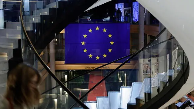 epa11741960 The European Union flag is on display at the European Parliament in Strasbourg, France, 26 November 2024. The EU Parliament's session runs from 25 till 28 November 2024. EPA/RONALD WITTEK