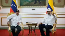 epa11268484 Colombian President Gustavo Petro (L) meets with Venezuelan counterpart Nicolas Maduro (R) at the Miraflores Palace, in Caracas, Venezuela, on 09 April 2024. The meeting was cordially held despite the recent criticism by Petro on the elections process in Venezuela, where the principal opposition leader has been unable to register. EPA/Rayner Pena R.