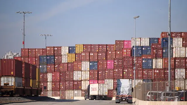 epa11755783 Shipping containers are stacked at the Port of Los Angeles in Los Angeles, California, USA, 03 December 2024. US President-elect Donald J. Trump has said he would impose across-the-board tariffs against Canada, Mexico, and China and that they would stay in place until those countries halted the flow of drugs and migrants. EPA/ALLISON DINNER