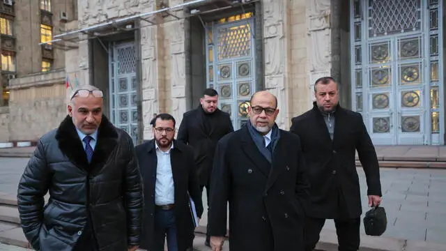 epa11872800 Hamas political office deputy head Moussa Abu Marzouk (2nd R) and his delegation leave the Russian Foreign Ministry headquarters in Moscow, Russia, 03 February 2025. A delegation of the Palestinian Hamas movement, headed by Deputy Head of the Politburo Musa Abu Marzouk, arrived in Moscow on an official visit for negotiations and consultations at the Russian Foreign Ministry. The humanitarian crisis in the Gaza Strip and the possibilities of mitigating it were discussed at the negotiations. EPA/YURI KOCHETKOV