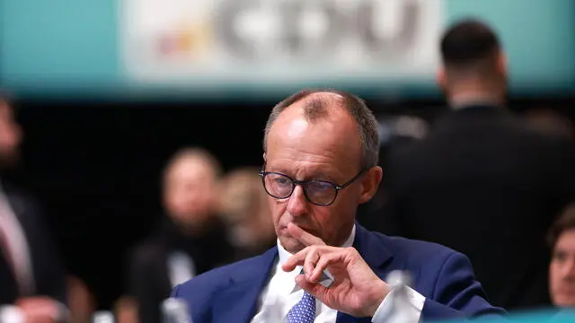 epa11872676 Chairman of the Christian Democratic Union (CDU) party and faction Friedrich Merz attends the Christian Democratic Union (CDU) federal party conference in Berlin, Germany, 03 February 2025. The 37th CDU party conference takes place 20 days ahead of the German federal elections scheduled for 23 February 2025. EPA/CLEMENS BILAN