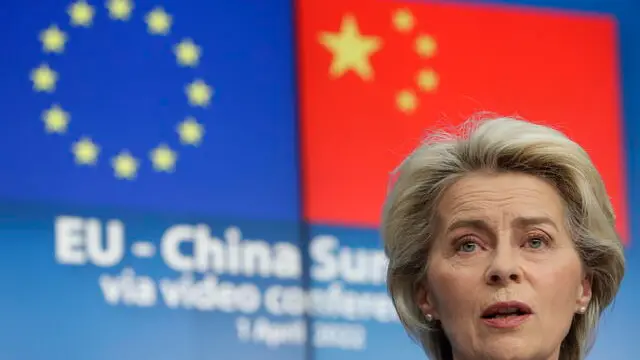 epa09863646 European Commission President Ursula von der Leyen speaks during a press conference following an online EU China summit with Chinese President Xi Jinping at the European Council building in Brussels, Belgium, 01 April 2022. EPA/OLIVIER HOSLET