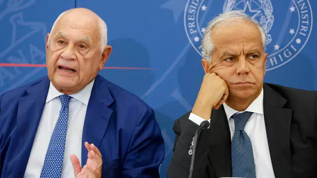 Italian Justice Minister Carlo Nordio (L) and Italian Interior Minister Matteo Piantedosi during a press conference at the end of a meeting of the Council of Ministers, 7 September 2023. ANSA/FABIO FRUSTACI