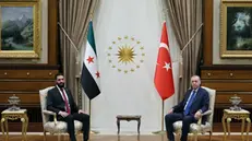 epa11874776 A handout photo made available by the Turkish Presidency Press Office shows Turkish President Recep Tayyip Erdogan (R) meeting with Syrian interim President Ahmed al-Sharaa (L) at the Presidential Palace in Ankara, Turkey, 04 February 2025. EPA/TURKISH PRESIDENT PRESS OFFICE HANDOUT HANDOUT HANDOUT EDITORIAL USE ONLY/NO SALESHANDOUT EDITORIAL USE ONLY/NO SALES