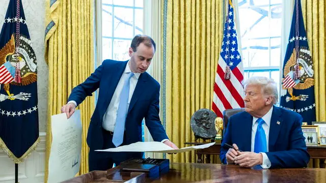 epa11875368 US President Donald Trump looks on during a signing ceremony in the Oval Office of the White House in Washington, DC, USA, 04 February 2025. EPA/SHAWN THEW / POOL