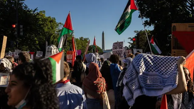 epa11644497 Pro-Palestinian demonstrators during a rally in Lafayette Park near the White House in Washington, DC, USA, 05 October 2024. Upcoming 07 October 2024, marks one year since the Palestinian militant group Hamas launched a surprise attack on Israel, killing 1,200, and one year since Israel began its war on Gaza, killing more than 41,000 and destroying the Palestinian enclave. EPA/ANNA ROSE LAYDEN