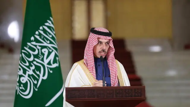 epa11849799 Saudi Arabia's Foreign Minister Prince Faisal bin Farhan al-Saud speaks during a press conference with Syrian Foreign Minister Asaad al-Shibani (not pictured) n Damascus, Syria, 24 January 2025. Saudi Arabia's Foreign Minister arrived in Damascus where he met with Syrian Leader Ahmad al-Sharaa. EPA/MOHAMMED AL RIFAI