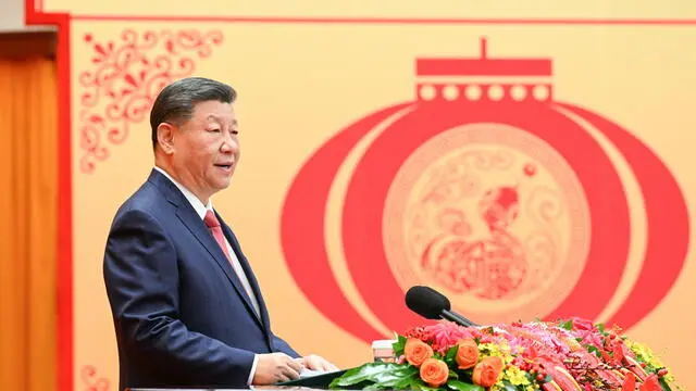 epa11856540 Chinese President Xi Jinping, also general secretary of the Communist Party of China (CPC) Central Committee and chairman of the Central Military Commission, delivers a speech at a high-level reception to ring in the Chinese New Year at the Great Hall of the People in Beijing, China, 27 January 2025. The CPC Central Committee and the State Council held the reception in Beijing on 27 January. EPA/XINHUA / LI XUEREN CHINA OUT / UK AND IRELAND OUT / MANDATORY CREDIT EDITORIAL USE ONLY