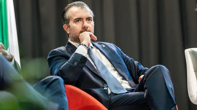 Ad Arona il ministro dell'Economia e delle Finanze è intervenuto in occasione degli Stati Generali dell'Economia, il 24 gennaio 2025. Presente anche il deputato della Lega, Riccardo Molinari ANSA/JESSICA PASQUALON