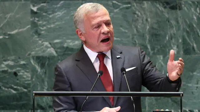 epa11622583 King of Jordan, Abdullah II bin Al-Hussein, speaks during the General Debate of the 79th session of the United Nations General Assembly at United Nations Headquarters in New York, New York, USA, 24 September 2024. The annual high-level General Debate gathers world leaders from 24 to 28 September, and 30 September under the theme, 'Leaving no one behind: acting together for the advancement of peace, sustainable development and human dignity for present and future generations'. EPA/JUSTIN LANE