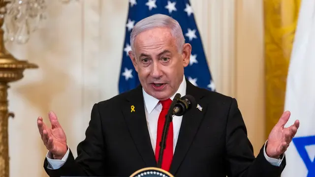 epa11875656 Israeli Prime Minister Benjamin Netanyahu speaks during a press conference with US President Donald Trump (Not Pictured) in the East Room of the White House in Washington, DC, USA, 04 February 2025. President Trump said that the he wants the US to take an ''ownership position'' of Gaza. EPA/JIM LO SCALZO / POOL