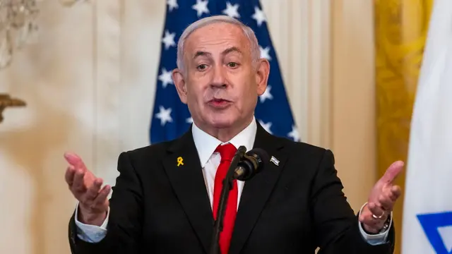 epa11875654 Israeli Prime Minister Benjamin Netanyahu speaks during a press conference with US President Donald Trump (Not Pictured) in the East Room of the White House in Washington, DC, USA, 04 February 2025. President Trump said that the he wants the US to take an ''ownership position'' of Gaza. EPA/JIM LO SCALZO / POOL