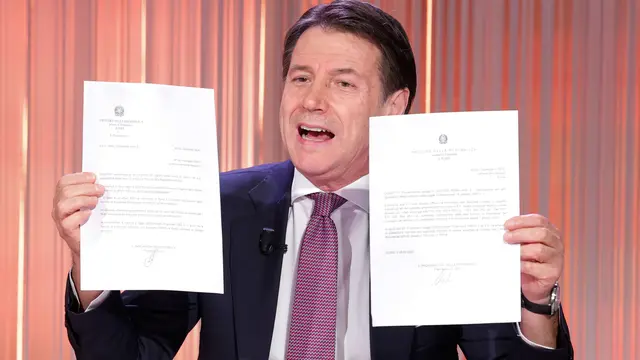 Giuseppe Conte ospite della trasmissione televisiva di RAI Uno 'Cinque minuti' condotta da Bruno Vespa, Roma, 4 Febbraio 2025.ANSA/GIUSEPPE LAMI