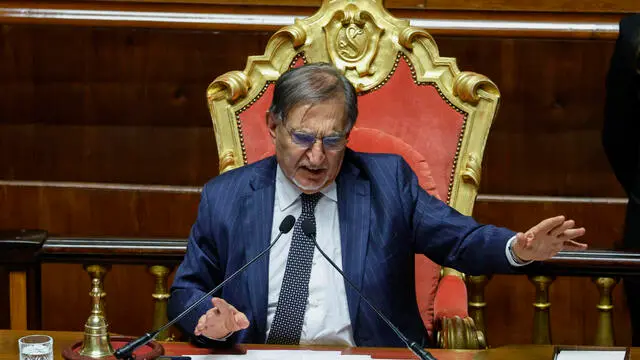 Italian Senate President Ignazio La Russa during a government briefing over the case of Libyan General Osama Najim Almasri, at the Senate, Rome, Italy, 05 February 2025. On 21 January the Italian government released and repatriated Almasri after a brief detention over an International Criminal Court (ICC) arrest warrant. The general is wanted by the ICC over allegations of war crimes and crimes against humanity. ANSA/FABIO FRUSTACI