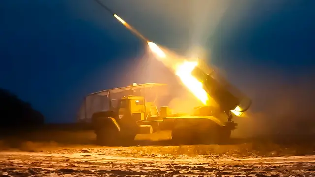 epa11828959 A still image taken from a handout video made available by the Russian Defence Ministry Press-Service on 16 January 2025 shows the BM-21 'Grad' jet rocket systems of Tula Guards Airborne Forces Unit carrying out combat tasks in border areas of the Kursk region, Russia. Fighting between Russian and Ukrainian forces has been ongoing in the Kursk region since 06 August 2024 following a Ukrainian military incursion into the Russian border region. EPA/RUSSIAN DEFENCE MINISTRY HANDOUT HANDOUT EDITORIAL USE ONLY/NO SALESHANDOUT EDITORIAL USE ONLY/NO SALES