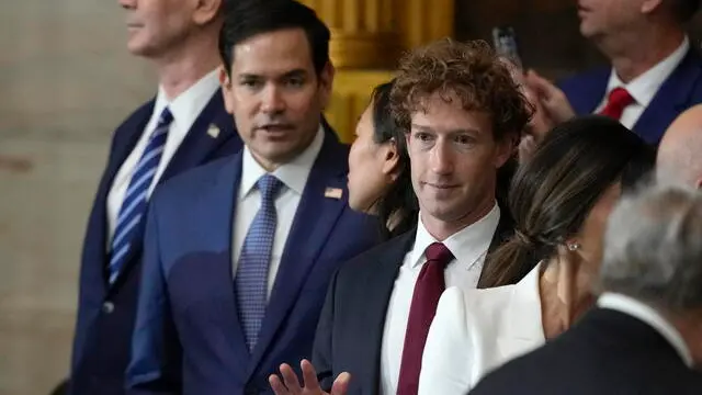 epa11838821 Facebook CEO Mark Zuckerberg (R), followed by Secretary of State nominee Marco Rubio, arrives in the U.S. Capitol for the inauguration of US President-elect Donald Trump in Washington, DC, USA, 20 January 2025. Trump will be sworn in for a second term as president of the United States on 20 January. Trump, who defeated Harris in the 2024 general election, is being sworn in on 20 January 2025 as the 47th president of the United States, though the planned outdoor ceremonies and events have been cancelled due to a forecast of extreme cold temperatures. EPA/JULIA DEMAREE NIKHINSON / POOL