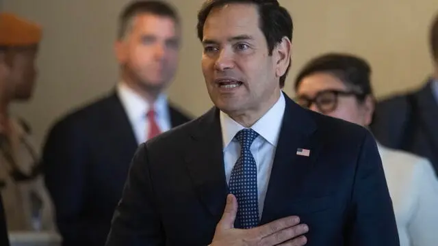 epa11879069 US Secretary of State Marco Rubio arrives at the National Palace in Santo Domingo, Dominican Republic, 06 February 2025. Rubio arrived in the Dominican Republic, the last stop of his first international tour after taking office, where he will meet with Dominican President Luis Abinader. EPA/ORLANDO BARRIA