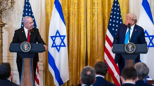 epa11875658 US President Donald Trump (R) and Israeli Prime Minister Benjamin Netanyahu (L) speak during a press conference in the East Room of the White House in Washington, DC, USA, 04 February 2025. President Trump said that the he wants the US to take an ''ownership position'' of Gaza. EPA/JIM LO SCALZO / POOL