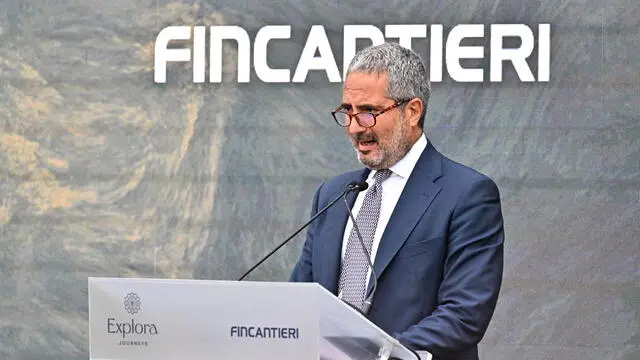 L’Amministratore Delegato e Direttore Generale di Fincantieri Pierroberto Folgiero, nel cantiere Fincantieri di Sestri Ponente, durante la tripla cerimonia per la consegna di Explora II. Genova, 12 settembre 2024. ANSA/LUCA ZENNARO