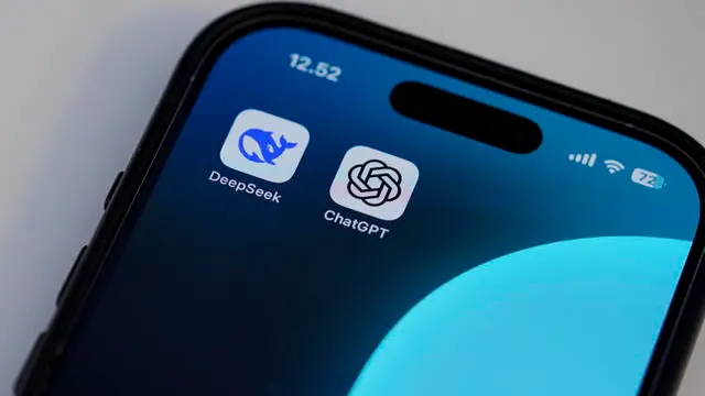 epa11880770 The Chinese app DeepSeek and ChatGPT applications on a mobile device, in Copenhagen, Denmark, 07 February 2025. Deepseek, is a Chinese artificial intelligence (AI) app that offers comparable performance at a fraction of the cost of its rivals. EPA/Liselotte Sabroe DENMARK OUT