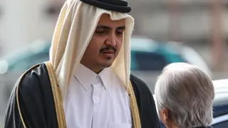 epa11882518 Qatari Sheikh Thani bin Hamad bin Khalifa Al Thani attends the funeral ceremonies for Prince Karim al Hussaini, the 49th hereditary imam of the Ismaili Muslims, in Lisbon, Portugal, 08 February 2025. According to the Aga Khan Development Network, Prince Karim al-Hussaini, Aga Khan IV and spiritual leader of Ismaili Muslims, passed away in Lisbon, Portugal, at the age of 88 on 04 February 2025. EPA/MIGUEL A. LOPES