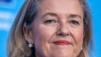 epa11863090 European Investment Bank (EIB) President Nadia Calvino speaks during a press conference about the EIB's annual results in the EU Council in Brussels, Belgium, 30 January 2025. EPA/OLIVIER MATTHYS