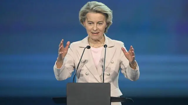 epa11884784 European Commission President Ursula von der Leyen addresses the official ceremony for 'Energy Independence Day', marking Lithuania's integration into the European Energy Network in Vilnius, Lithuania, 09 February 2025. As of today, Estonia, Latvia, and Lithuania are completely independent from the electricity systems of Russia and Belarus, according to a statement from the EU Commission, following their successful integration into the EU internal energy market through the European continental network via Poland. EPA/Marcin Obara POLAND OUT